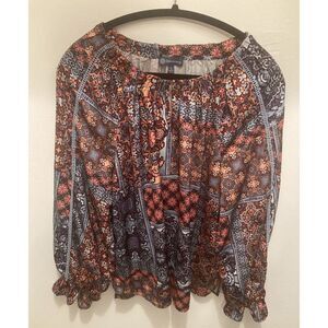 Democracy Boho Peasant Shirt Balloon Sleeves Orange Blue Geometric Floral Large